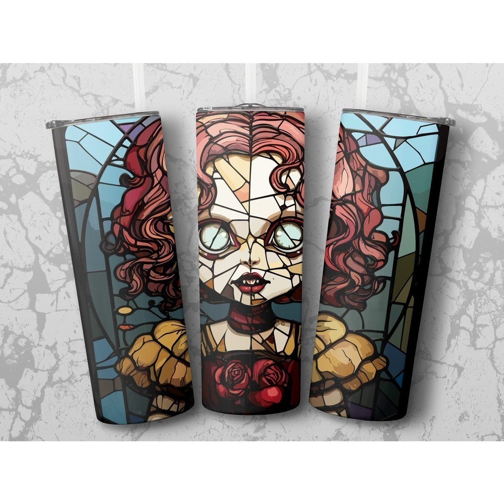 Stain glass scary girl doll metal insulated tumbler, horror tumbler, scary doll